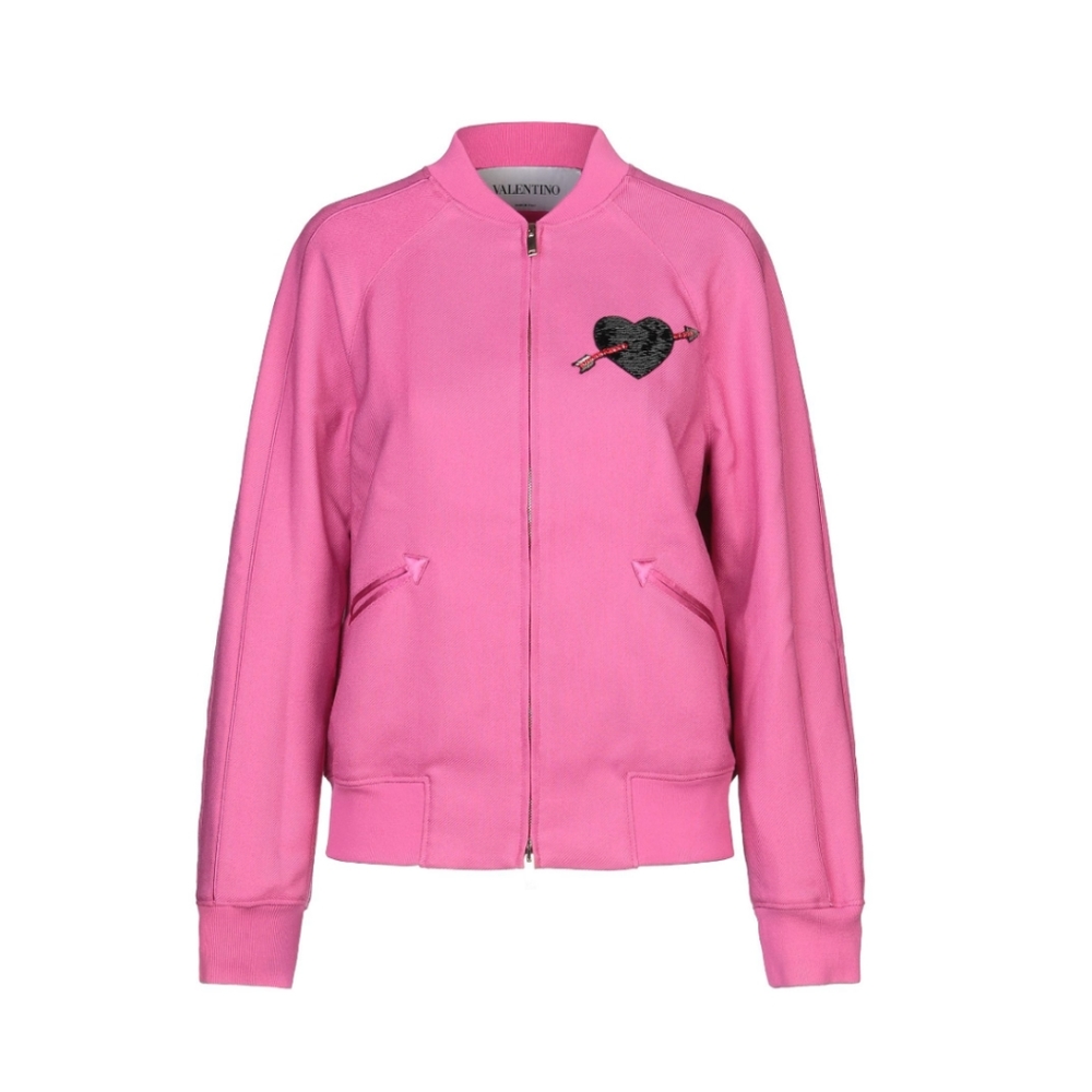 VALENTINO Pink Heart Beaded Embroidered Bomber Jacket